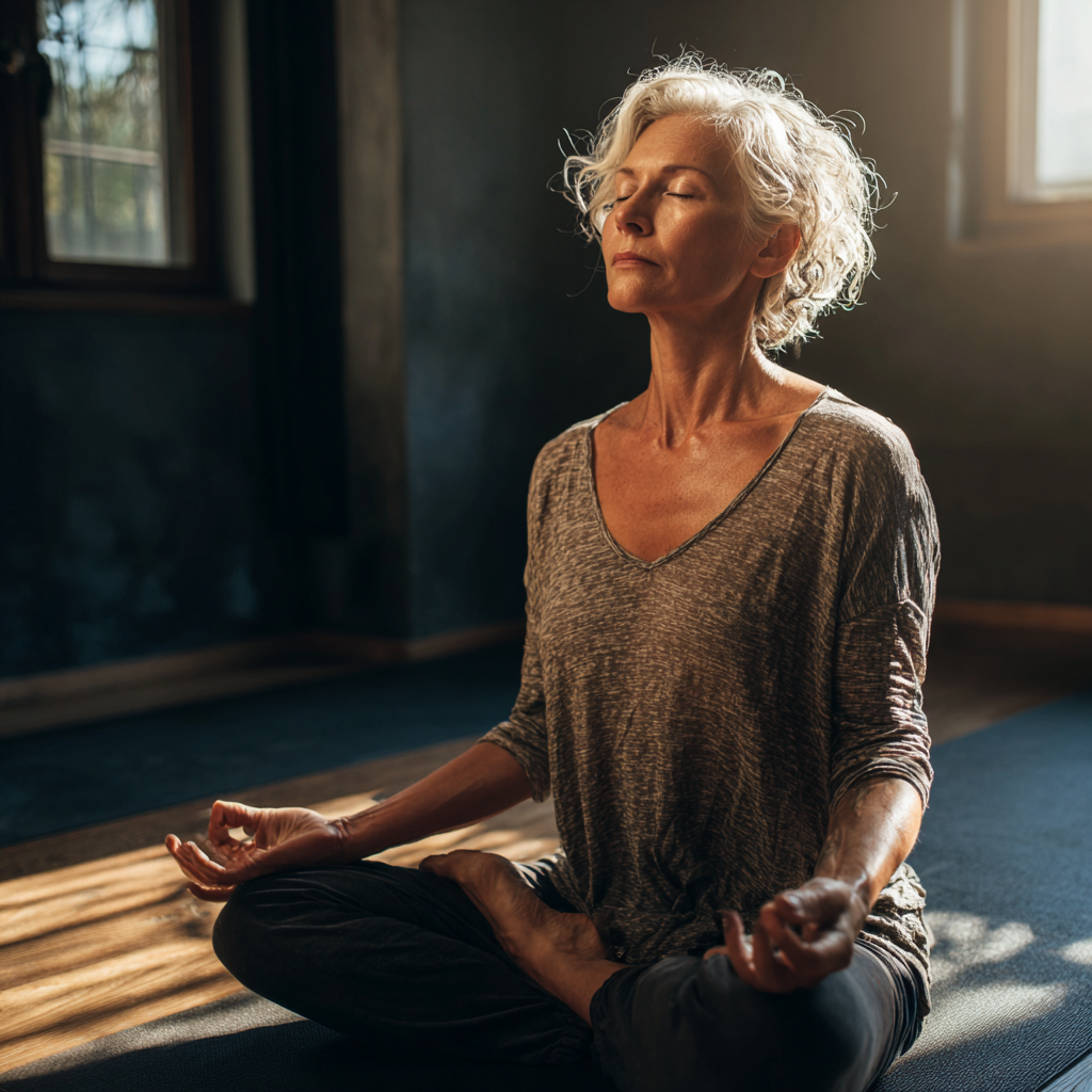 Middle-aged woman practicing meditation in peaceful yoga studio environment
