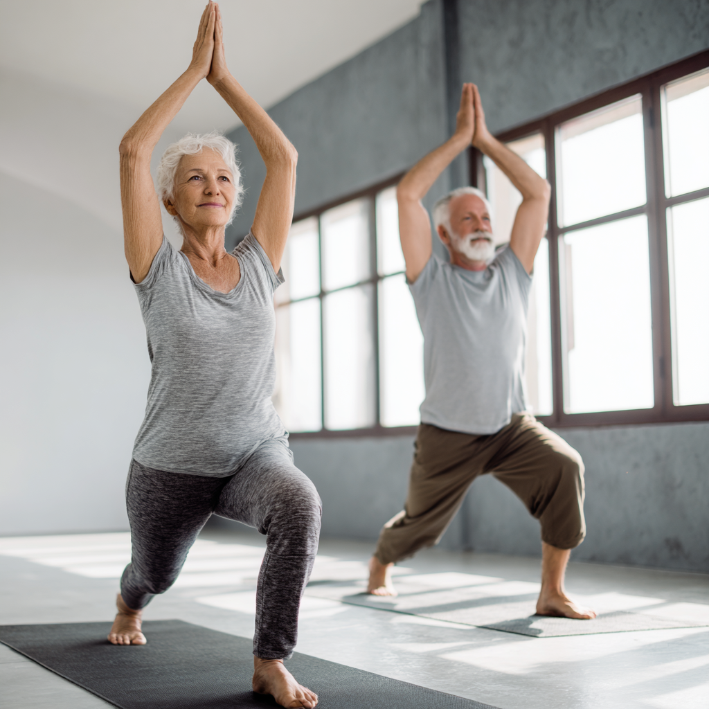 Senior adults practicing yoga poses in bright modern studio setting